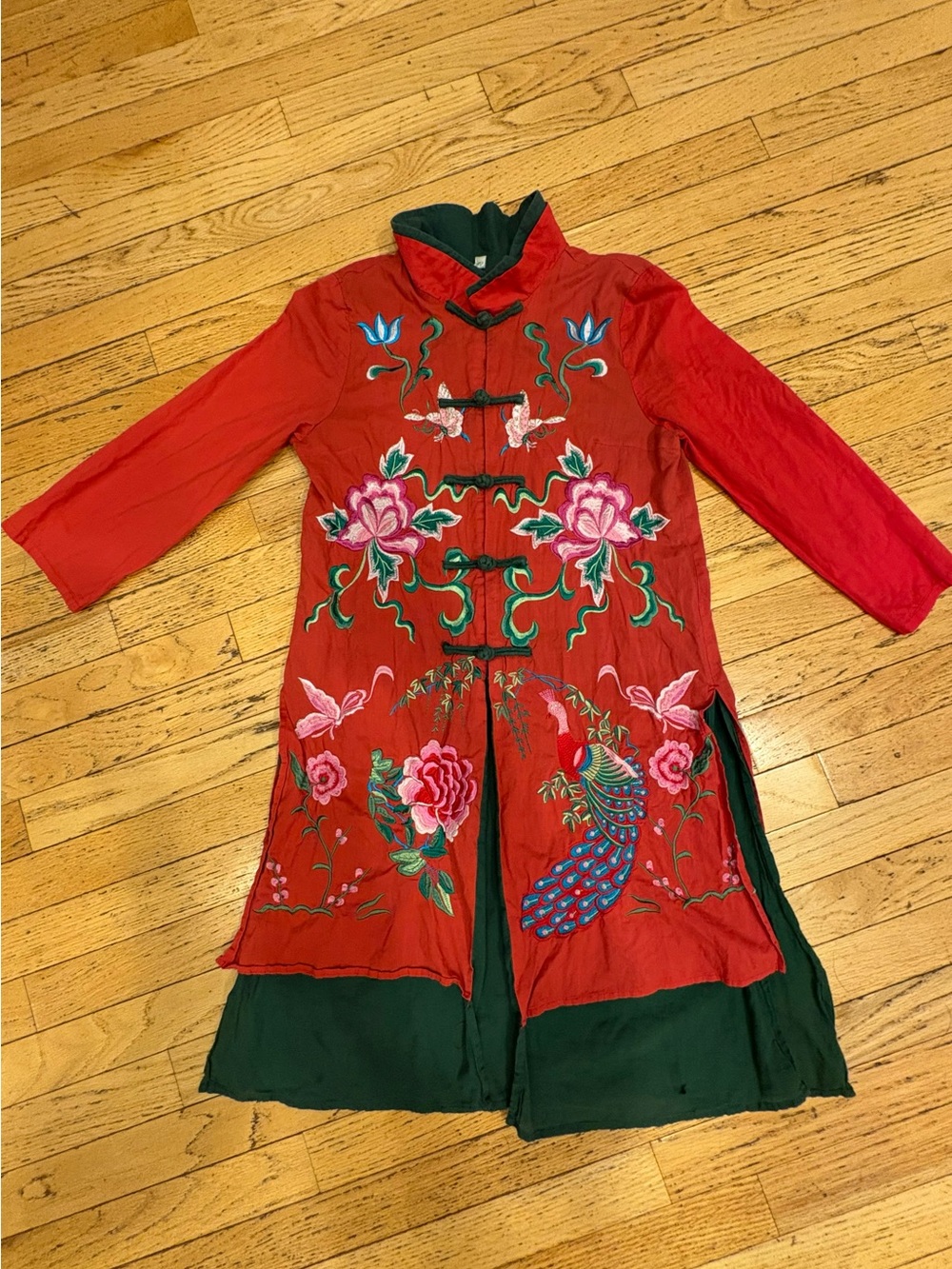 Red Embroidered Cotton Floral & Peacock Kimono Tunic